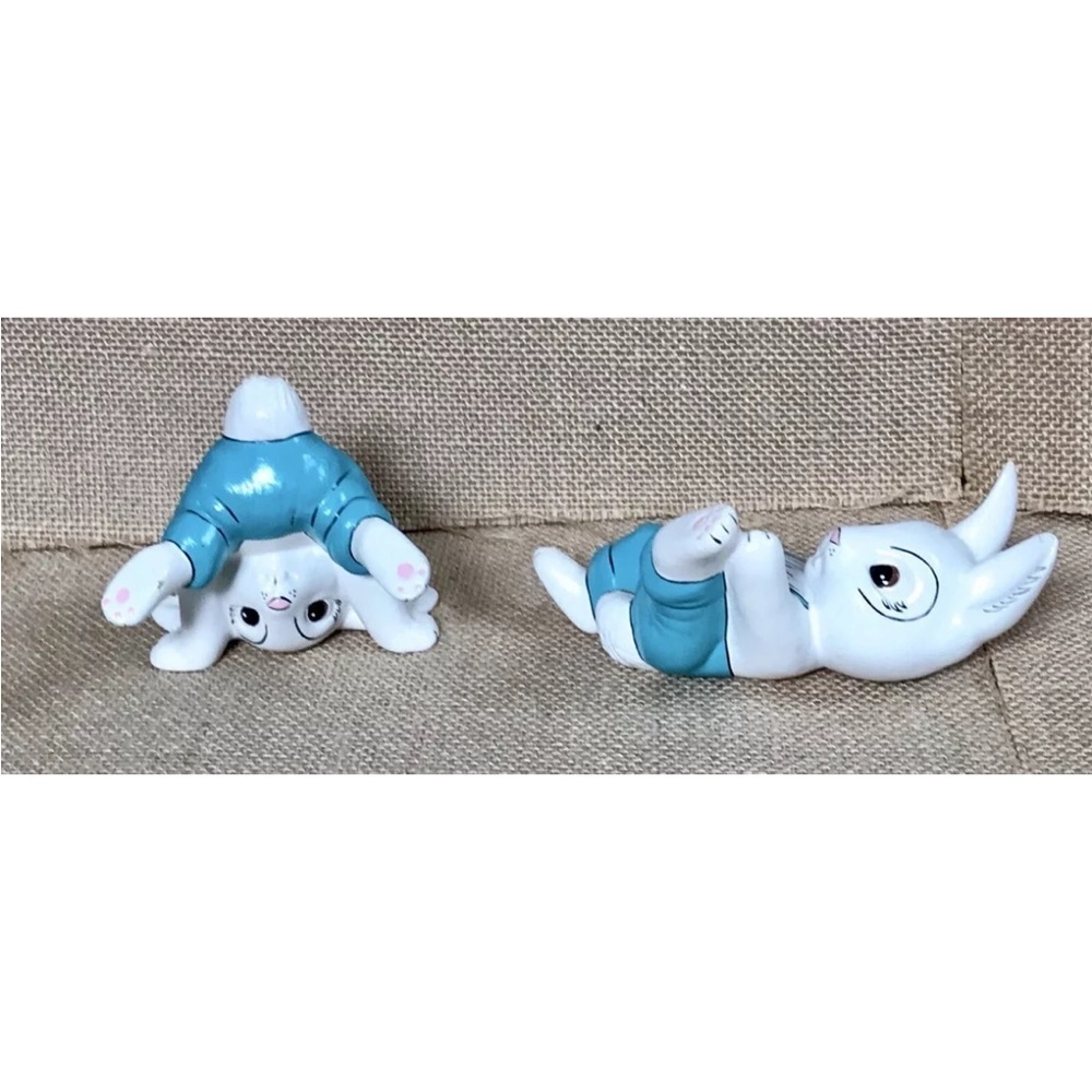 Vintage Tumbling Bunny Figurine Set Handmade Kitsch Whimsical Anthropomorphic